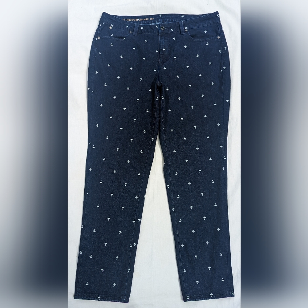 Talbots Umbrella Embroidered W Heritage Slim Ankle Jeans Sz 14W Blue Dark